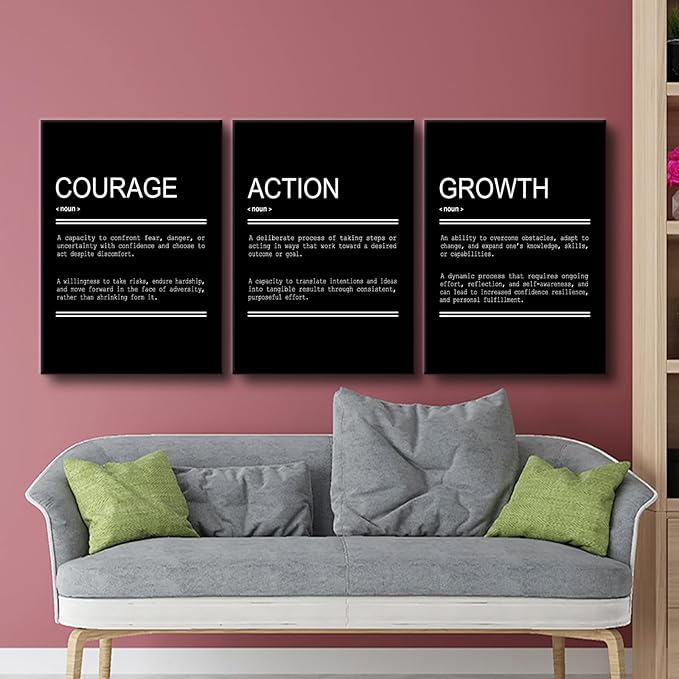 YSPCSUN Courage Action Growth Inspirational Canvas Wall Art 3 Pieces Entrepreneur Quote Picture Painting Motivational Print Poster for Office Living Room Gym Wall Decor Ready to Hang [60''Wx28''H]