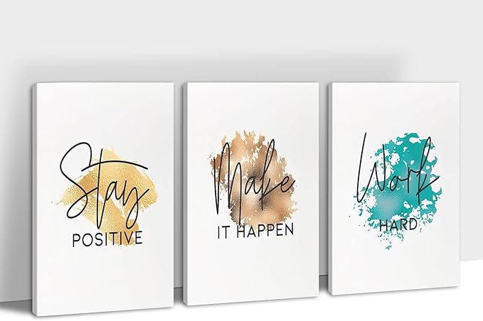 SHMAO Office Canvas Wall Art Motivational Wall Decor, 3 Piece Stay Work Make Print Pictures for Office Wall Decor Women Inspirational Framed Artwork Home Office Decor 12”x18”x3 Panels