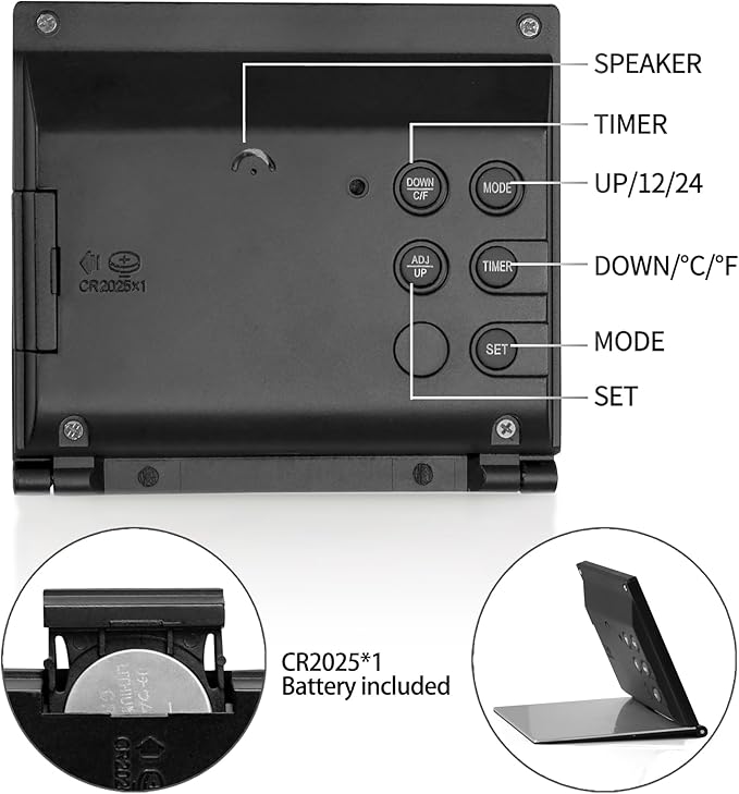 Betus Digital Travel Alarm Clock – Foldable Calendar, Temperature & Timer with Snooze – Large Number Display, Battery Operated – Compact Desk Clock for Home & Office (Black)