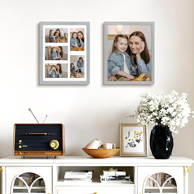 Golden State Art, 11x14 Grey Wooden Frame with White Mat - Displays Five 4x6 Photos - Tempered Glass - Wall Mounting, Portrait, Set of 10
