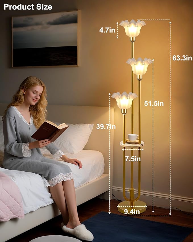 Lightdot Flower Floor Lamp for Living Room, Dimmable Vintage Floor Lamp with Shelf& Bulbs Included, 3 Light Warmwhite Mid Century Gold Floral Standing Tall Lamp for Bedroom/Sofa Beside/Corner Decor