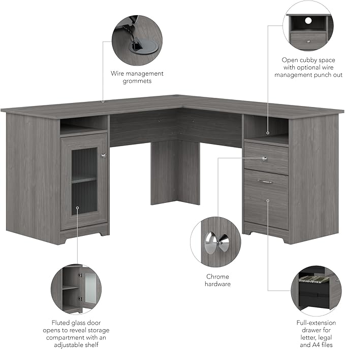 Bush Home Cabot 60W L Shaped Computer Desk with Storage in Modern Gray, 60-inch Corner Table with Drawers for Home Office Workspace