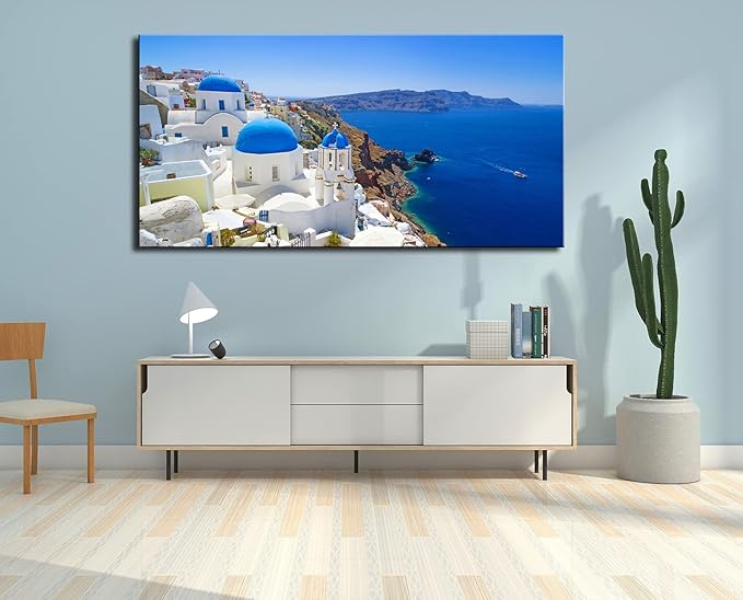 Large Canvas Print Wall Art Santorini in Greece Painting Wall Decor, Blue Coastal Landscape Artwork Seascape Pictures for Living Room, Bedroom, Office Decoration - 20"x40"