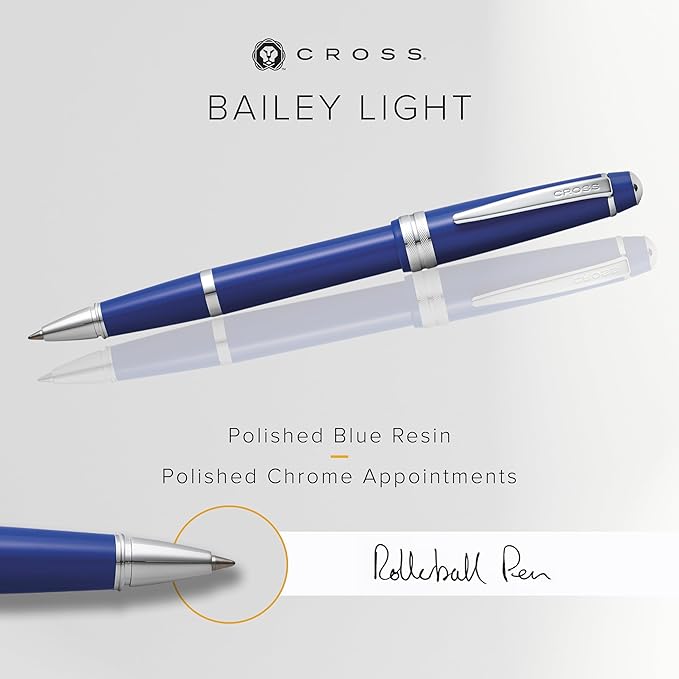 Cross Bailey Light Polished Blue Resin Rollerball Pen - Professional Pen for Effortless Writing - Journaling, Note-Taking & More - Black Ink - Easy Handling - Includes Gift Box