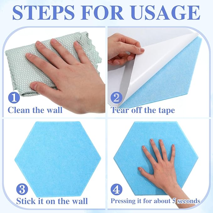 8 Pcs 12" Large Hexagon Felt Cork Bulletin Board Tiles Self Adhesive DIY Pin Board with 50 Push Pins and 10 Colored Clips, Wall Decor for Office Home Kitchen Photos Memos(Blue)