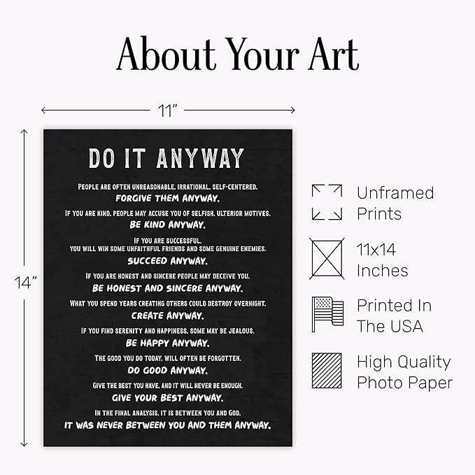Inspirational Office Decor 11x14 - Do It Anyway Quote Poster - Motivational Wall Art, Black Positive Affirmation Wall Decor for Men Women - Home Office Entrepreneur Gifts - Minimalist Typography Print
