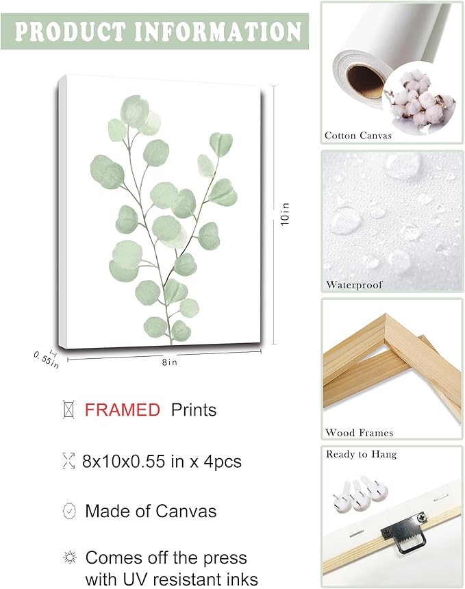 FRAMED Botanical Plant Canvas Wall Art,Boho Plant Wall Decor for Bedroom,Minimalist Floral Prints for Living Room,Light Green Botanical Art Painting for Office,Set of 4,8”x 10”