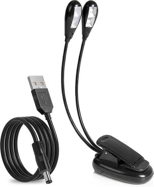 Pyle Clip On Desk Lamp with Gooseneck, Dual LED Adjustable Clip On Desk Lamp Light with USB or Battery Power, Brightness Control, Suitable for Desks, Tables, Lecterns, and Reading