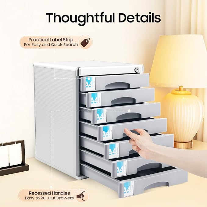 File Cabinet, Desk Organizer with 7 Drawers Metal Desktop Storage Cabinet File Holder with Locks and Keys for Home Office Organization (7 Layers)