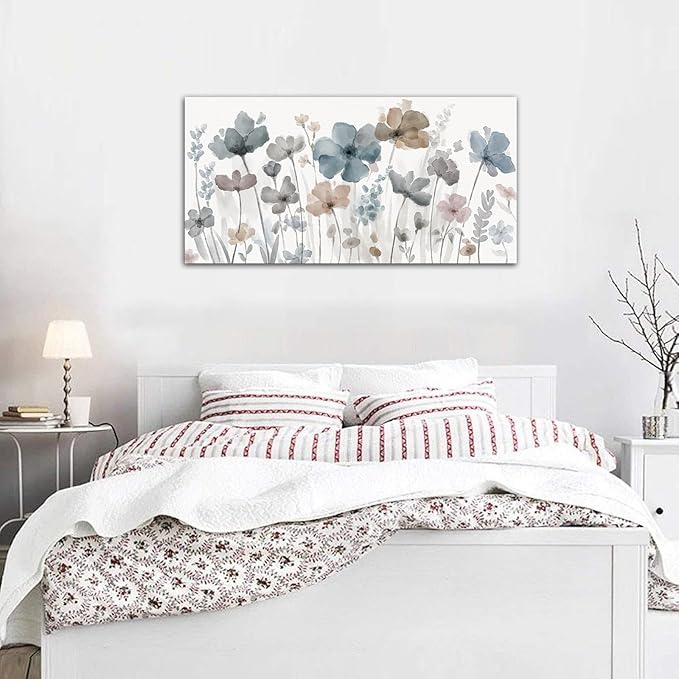 yearainn Elegant Flowers Canvas Wall Art - Floral Pictures for Wall Decor Indigo Brown Grey Canvas Painting Nature Printing Artwork for Living Room Bedroom Home Office Wall Decoration 29" x 58"