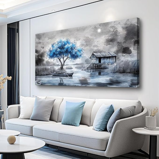 QIYILEXWART Canvas Wall Art For Living Room Wall Decor For Bedroom Office Wall Decorations The Blue Tree Painting The Hut Pictures Artwork Room Aesthetic Home Decor Ready To Hang