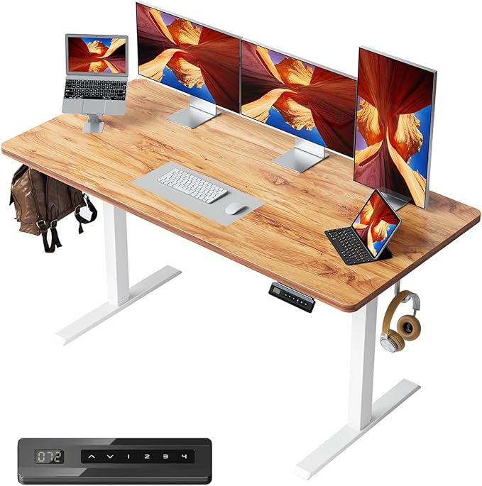 CubiCubi 55 x 24 Large One-Piece Standing Desk, Adjustable Height Electric Computer Home Office Sit Stand up Workstation, with 4 Memory Presets, Headphone Hook, Light Rustic