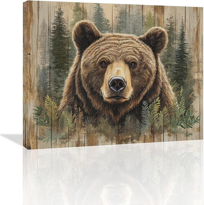 Farmhouse Bear Wall Art Rustic Forest Pictures Decor Woodland Wildlife Painting Canvas Print Modern Home Decoration Artwork for Living Room Bathroom Bedroom Office Framed 24"x20"