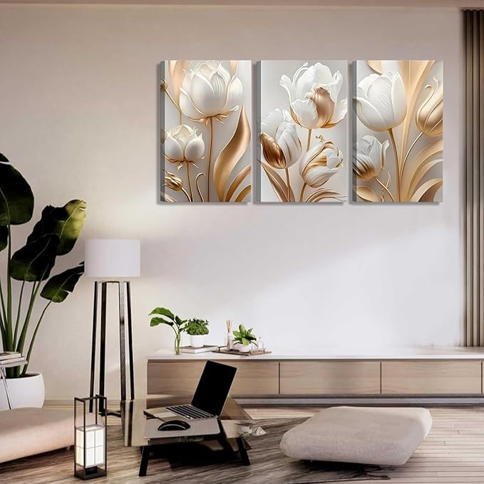 3Pcs Vintage Minimalist Floral Canvas Wall Art White Gold Abstract flowers Wall Decor Pictures Modern Luxury Prints tulip Plants Painting Artwork for Office Home Decoration 12x16in