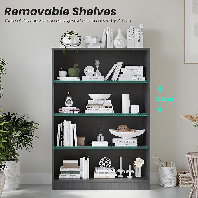 Bookcase Adjustable Storage Shelves,4-Tier Modern Wood Bookcase for Bedroom,48-Inch Bookshelf, Office, Living Room & Library(Crey)