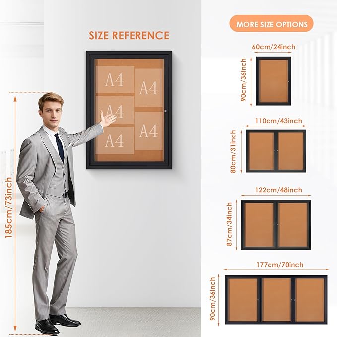 Enclosed Bulletin Board Outdoor Noticeboard with Locking Door, Weather-Resistant, Cork, Black Aluminum Frame, 48 x 34 in