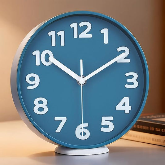 45MinST 8-Inch Blue Modern Wall Clock – Silent Non-Ticking, 3D Large Numbers, Accurate Timekeeping | Decorative Wall & Desk Clock with Stand for Living Room, Bedroom, Kitchen, or Office