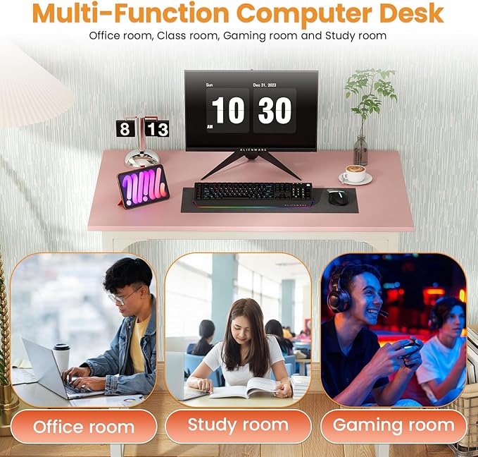 Dkelincs 32 Inch Small Computer Desk Home Office Desk Writing Desk Modern Simple Style Study Work Table with Metal Frame, Easy Assembly, Adjustable Feet, Water-Resistant, Scratchproof Surface, Pink