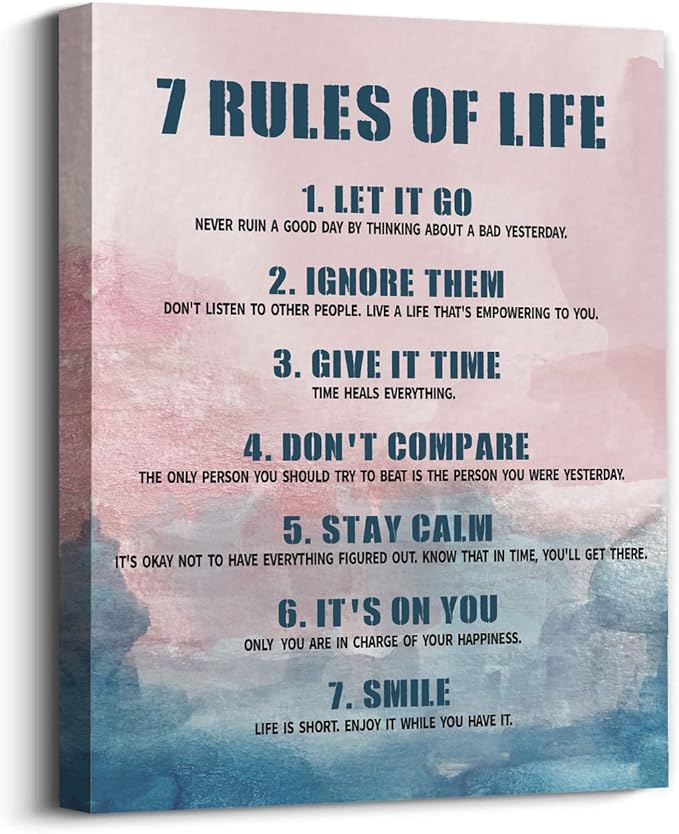 7 Rules Of Life Canvas Decoration Painting, Inspirational Motto Canvas Wall Art,Home，Workplace ，Bedroom decoration ,Tabletop/Hanging (29x38cm)Framed