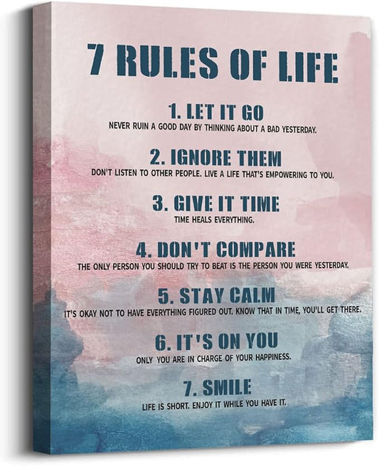 7 Rules Of Life Canvas Decoration Painting, Inspirational Motto Canvas Wall Art,Home，Workplace ，Bedroom decoration ,Tabletop/Hanging (29x38cm)Framed