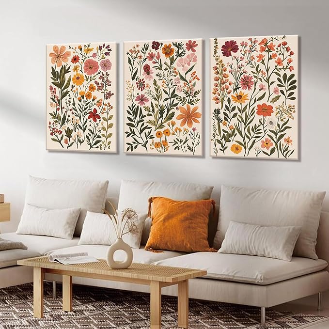 KISSFOX 3 Piece Boho Floral Canvas Wall Art For Bedroom Cottagecore Wild Flower Wall Art Colorful Nature Modern Botanical Art Prints For Nursery Living Room,12x16 in