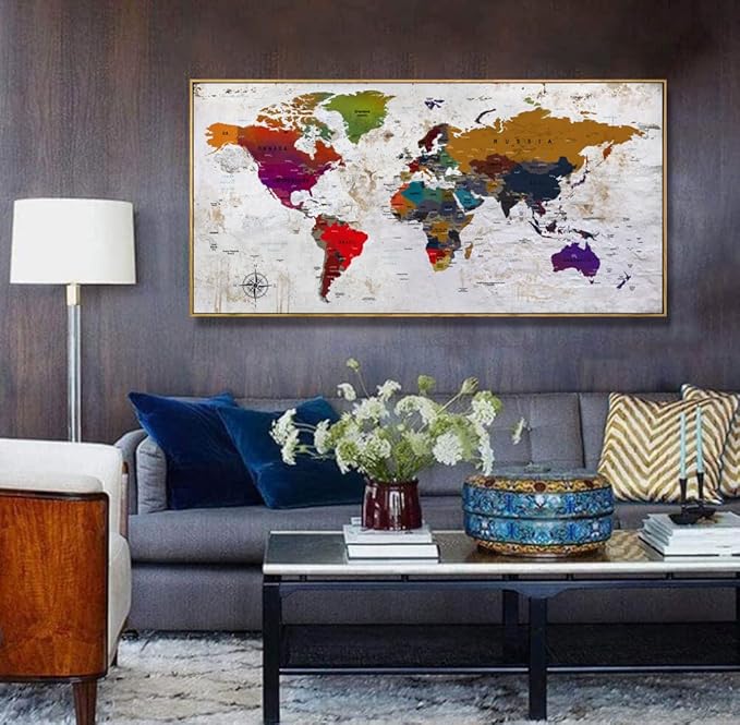 Framed Wall Art World Map Wall Art Canvas Picture 24inx48in Large Antiqued Map of The World Canvas Painting Artwork Prints for Office Wall Decor Home Living Room Decorations Framed Ready to Hang…