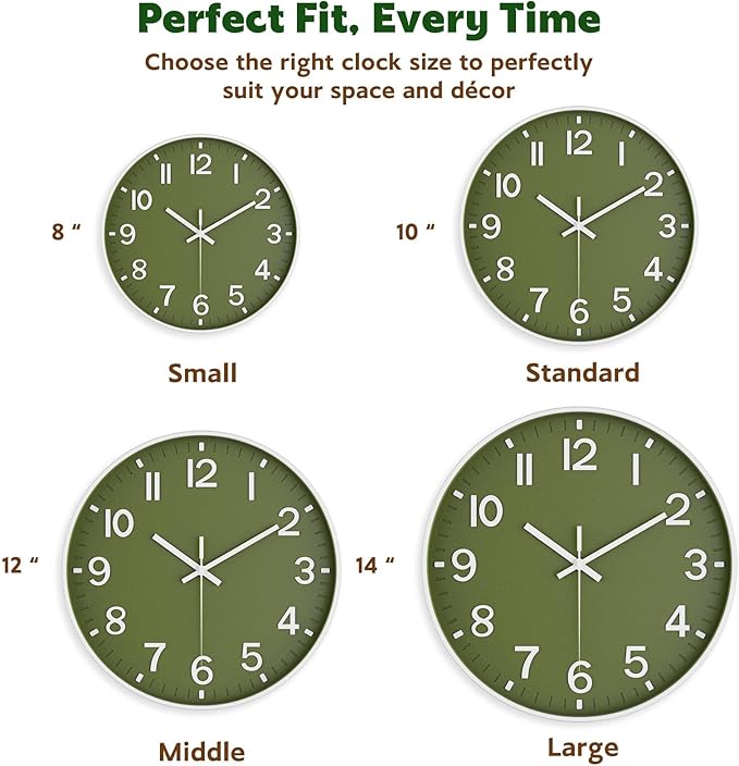 Wall Clock, Battery Operated, Modern Minimalist Design for Living Room, Office, Kitchen, Bedroom, and Bathroom – Quiet, Stylish, and Perfect for Any Room (Olive Green, 14 Inch)
