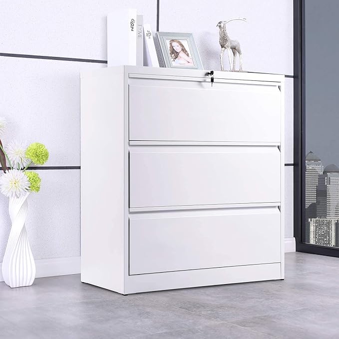 Storage Cabinet Lateral File Cabinet Metal Cabinet with Lock and Hanging Bars Storage Cabinet (White)