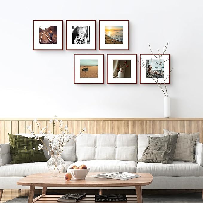 Golden State Art 12x12 Picture Frame 6 Pack - Dark Red Aluminum Photo Frames With 8x8 Mats and Real Glass Cover - Elegant Minimalist Wall Gallery Frames for Home or Office Decor