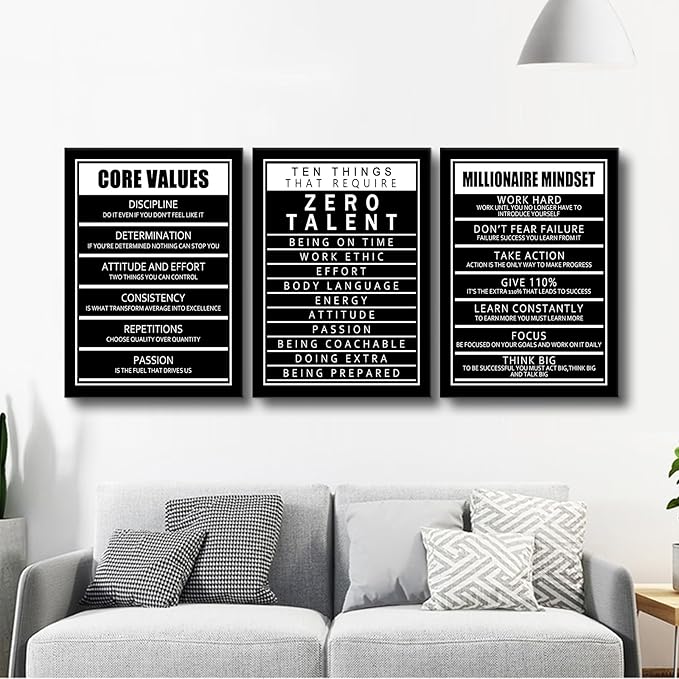 Inspirational Canvas Wall Art 3 Pieces Motivational Quote Picture Painting Ten Things That Require Zero Talent and Core Values Print Poster for Office Living Room Artwork Ready to Hang [60''Wx28''H]
