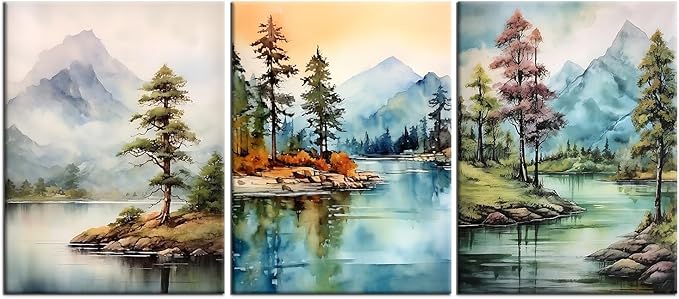 Landscape Canvas Wall Art Watercolor Green Forest Lakes Poster Print Mountain Range Picture Painting Artwork for Modern Home Bedroom Bathroom Wall Decoration Stretched and Framed [36''W x 16''H]