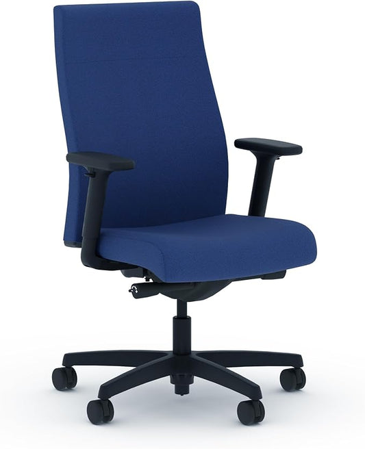 HON Ignition 2.0 Fabric Office Chair, Upholstered, Adjustable Arms, Advanced Synchro-Tilt Recline Executive Ergonomic Office Chair, Black Frame, Indigo