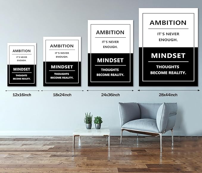 Motivational Canvas Wall Art - Ambition & Mindset Inspirational Quotes Wall Decor Black and White Office Picture Positive Poster Inspiring Prints Entrepreneur Artwork for Home, (Framed 28"x44")