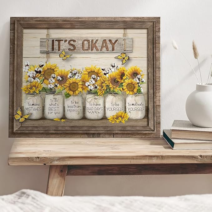 Parylore Sunflower Wall Art Canvas Print Wall Decor It'S Okay Quotes Inspirational Painting Framed Modern Artwork for Living Room Bedroom Bathroom Office Home Decor 16x24 In