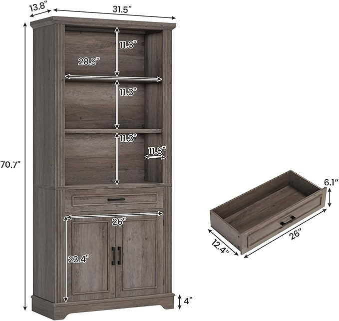SEDETA Farmhouse Bookshelves and Bookcases with Doors and Drawer, Bookshelf with Storage, Floor Standing 6 Shelf Display Storage Shelves 70 in Tall Bookshelf for Home Office, Living Room, Grey