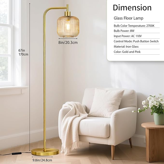 MAYNA Mid Century Modern Floor Lamp, Amber Ribbed Glass Standing Lamp with Built-in Timer Switch, Gold Tall Vintage Lamps for Living Room Bedroom, 2700K LED Bulb Included