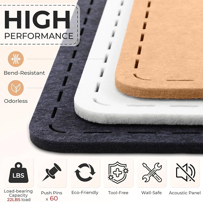 3 Pack Large Felt Bulletin Boards 24"/16"/7"x 16" Foldable Picture Vision Board for Office Wall Frameless Cork Board with 60 Push Pin for Home, Kitchen, Wall Pin Boards(White)