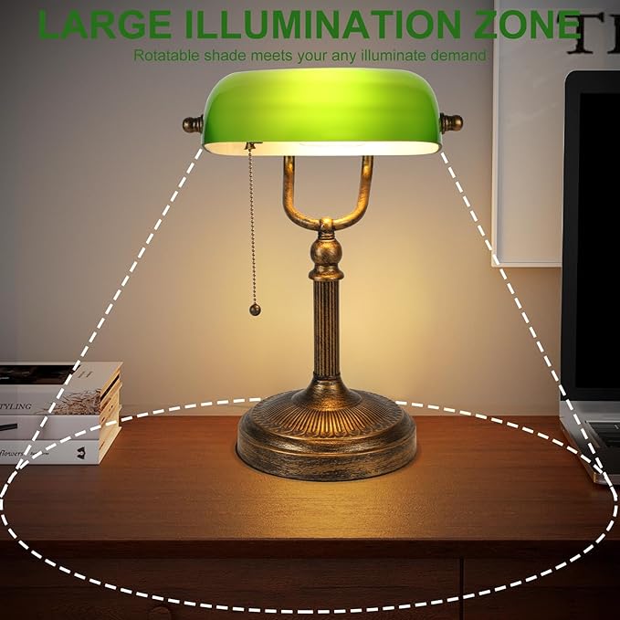 NISSAFORS Bankers Desk Lamp, Green Glass Shade, Vintage Desk Lamp with Pull Chain Switch, Retro Table Lamps for Home Office (Retro Gold+Green, Large)