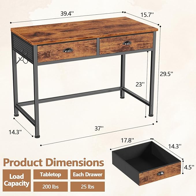 Furologee Small Computer Desk with 2 Fabric Drawers, 40 Inch Simple Home Office Desk, Writing Desk with Hooks, Study Table for Working Small Spaces, Makeup Desk for Bedroom, Rustic Brown