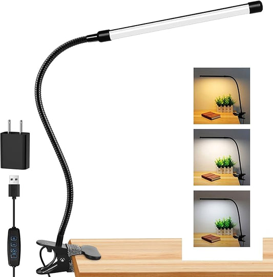 LED Clip on Light 8W Reading Lights for Books in Bed, Adjustable 3 Modes 10 Brightness Dimmable Clamp Lamp, Flexible Book Light Clip on for Bed Workbench Drafting, 580LM, USB Adapter Included
