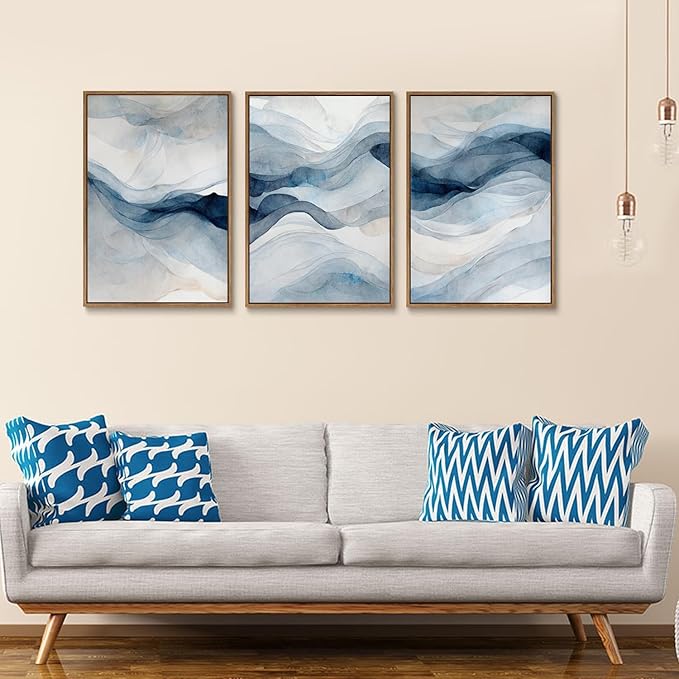 myusuar 3 Piece Large Abstract Framed Wall Art For Living Room, Smoke Texture Ink Navy Blue Canvas Wall Art Modern Minimalist Art Prints Wall Décor For Bedroom Office 16x24in