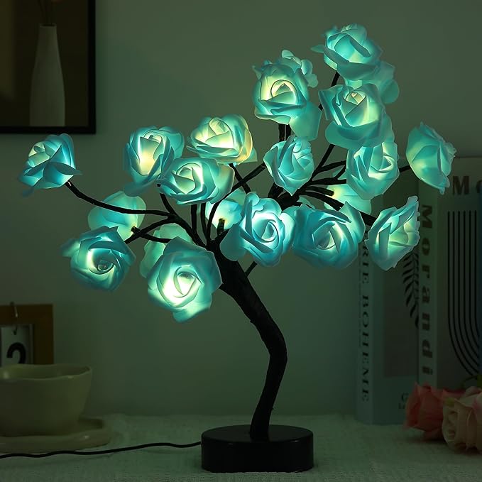Drawelry Rose Flower Tree Lamp - LED Rose Tree Table Lamp USB/Battery Powered Artificial Bonsai Flower Night Light for Bedroom Living Room Party Wedding Birthday Decor (Blue)