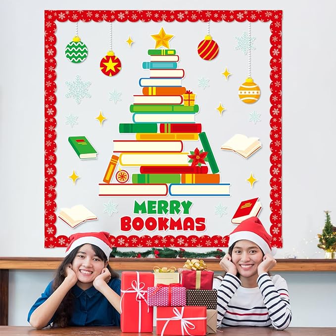 gisgfim Christmas Bulletin Board Decoration Set Christmas Book Tree Paper Cutouts Xmas Classroom Bulletin Board Decor for Xmas Winter Holiday School Door Reading Room Home Wall(Merry Bookmas)