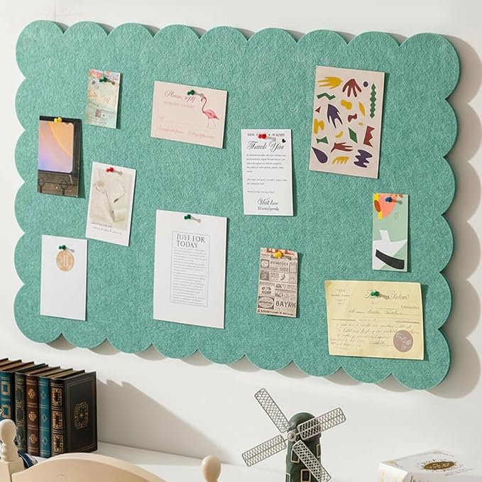 Scalloped Felt Bulletin Board 48 x 36 Inches Foldable Forest Green Pin Cork Board Alternative for Wall, 4' x 3' Trifold Picture Vision Self Adhesive Bulletin Decorative