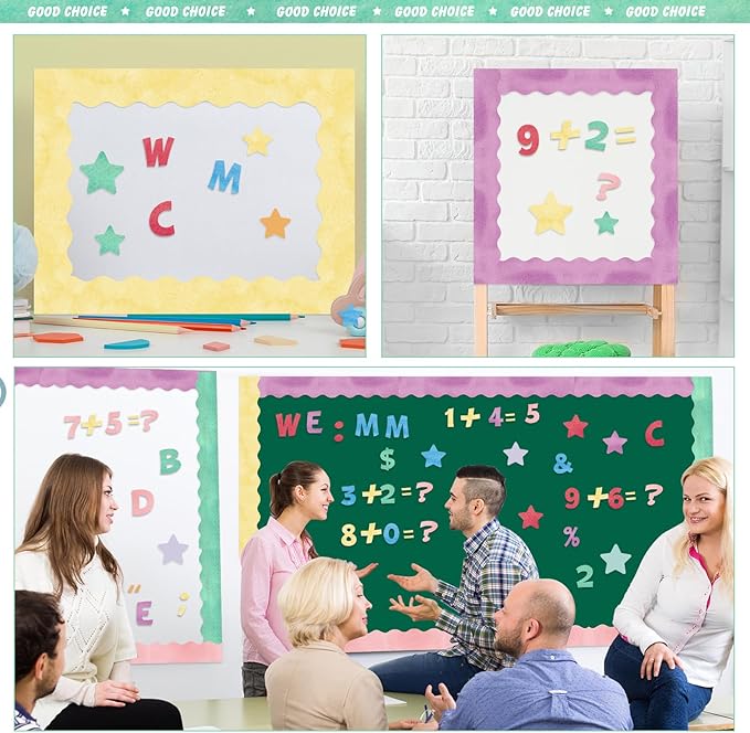 Containlol 188 Pcs Bulletin Board Borders Letters Stars Cutouts Set Include 59ft Poster Board Trims, Alphabet Letter Star Number Punctuation for Classroom(Watercolor)