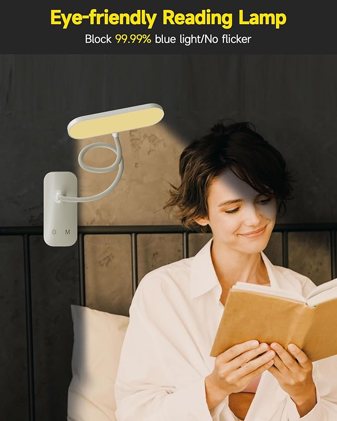 CUHIOY Desk Lamp with Clamp, Portable Cordless Rechargeable Clip on Reading Light, Eye-Caring LED Dorm Bunk Bed Light, 5 Colors 5 Brightness Flexible Neck Architect Lamp for Studying Crafting (White)