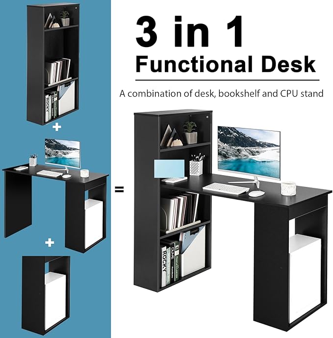 Tangkula Computer Desk with Bookshelf, Writing Study Desk with Storage Shelves & CPU Stand, Modern Compact Computer Workstation for Home & Office, Space-Saving Design (Black)