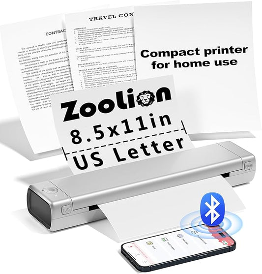 Zoolion Portable Thermal Printer for Travel, M08F Compact Inkless Printer for Home Office, Wireless Portable Printer, Thermal Printer, Support 8.5" X 11" US Letter Size Thermal Paper