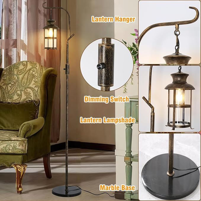 Vintage Dimmable Floor Lamp,Classical Lanterns Standing Lamp, Rustic Farmhouse Floor Lamp with Bronze Finish for Living Room Bedroom,Bar,Basement (Bronze)