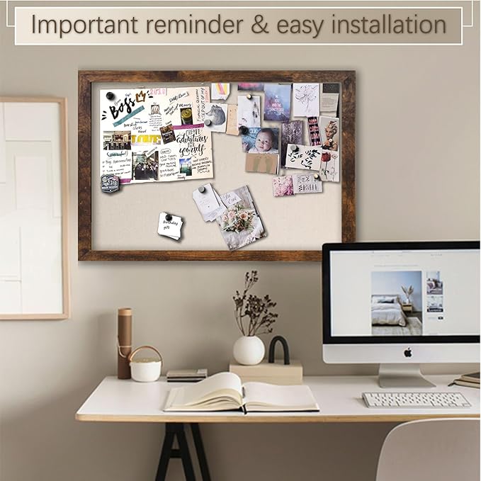 Large Magnetic Bulletin Board 36 x 24 Inch for Wall,Rustic Framed Cork Board with Linen for Home Office School,with 4 Push pins, 4 Magnets